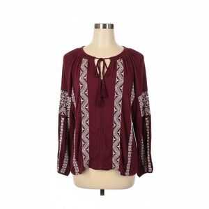 American Eagle Womens Small Boho Embroidered Peasant Blouse Maroon Long Sleeve